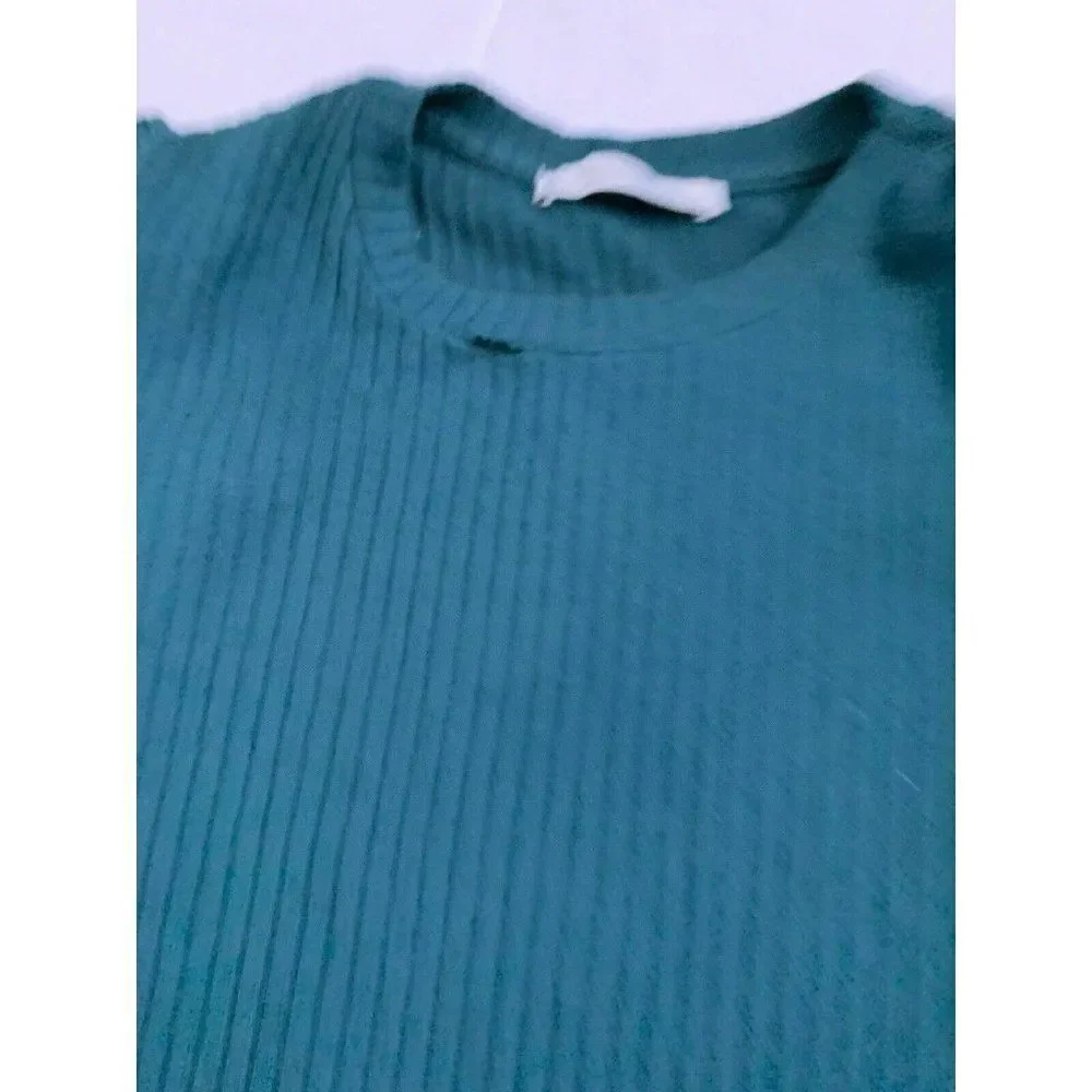Zara Womens Solid Pine Green Long Sleeve Ribbed Sweater Top Large